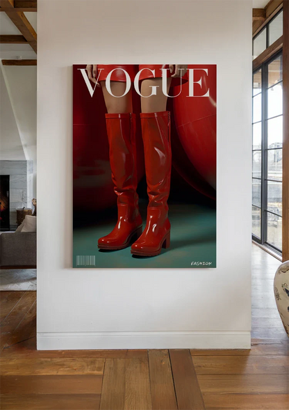 Rote glänzende Stiefel Vogue Cover-Stil Mode Rot Retro-Gemälde