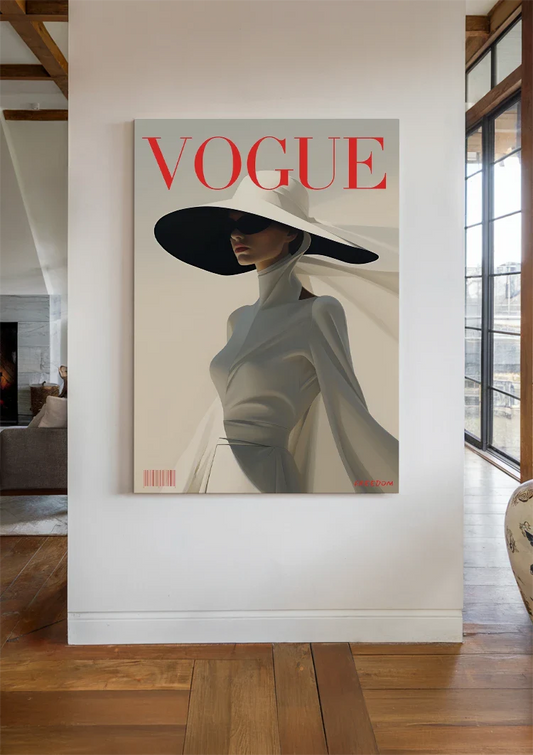Elegante vrouw in grijze jurk canvas schilderij aan de muur in de hal
