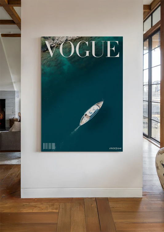 Vogue Cover Wit Zeilboot Bovenaanzicht Turquoise Zee Zomer Vrijheid Canvas Schilderij