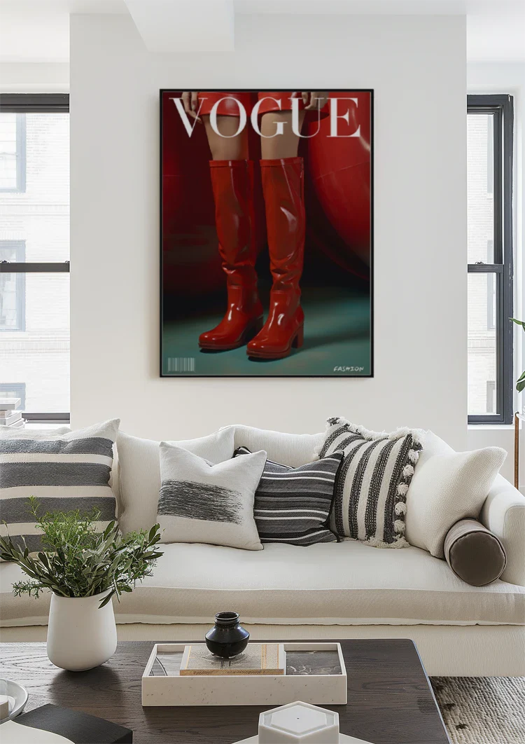 Rote glänzende Stiefel Vogue Cover-Stil Mode Rot Retro-Gemälde