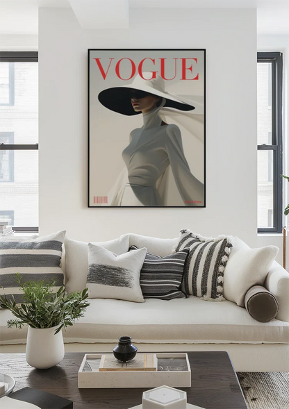 Vogue Cover Elegante Frau Graues Kleid Schwarzer Hut Minimalistische Mode Gemälde