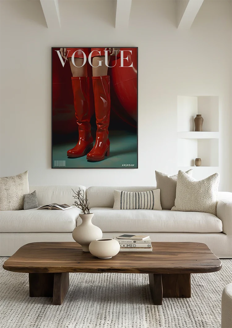 Rote glänzende Stiefel Vogue Cover-Stil Mode Rot Retro-Gemälde