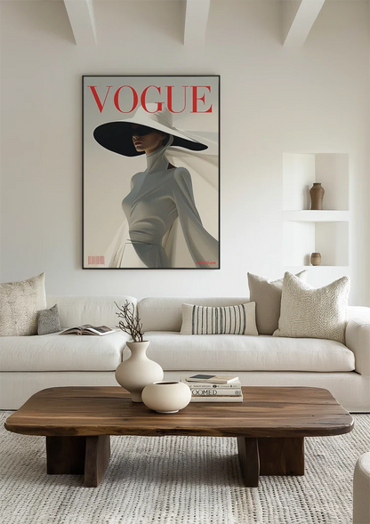 Vogue Cover Elegante Frau Graues Kleid Schwarzer Hut Minimalistische Mode Gemälde