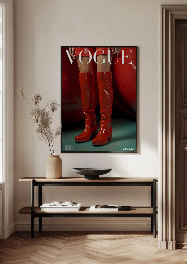 Rote glänzende Stiefel Vogue Cover-Stil Mode Rot Retro-Gemälde