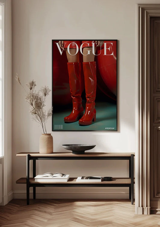 Rode Glanzende Laarzen Vogue Cover Stijl Mode Rood Retro Canvas Schilderij