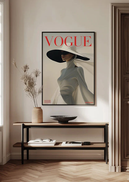 Vogue Cover Elegante Frau Graues Kleid Schwarzer Hut Minimalistische Mode Gemälde