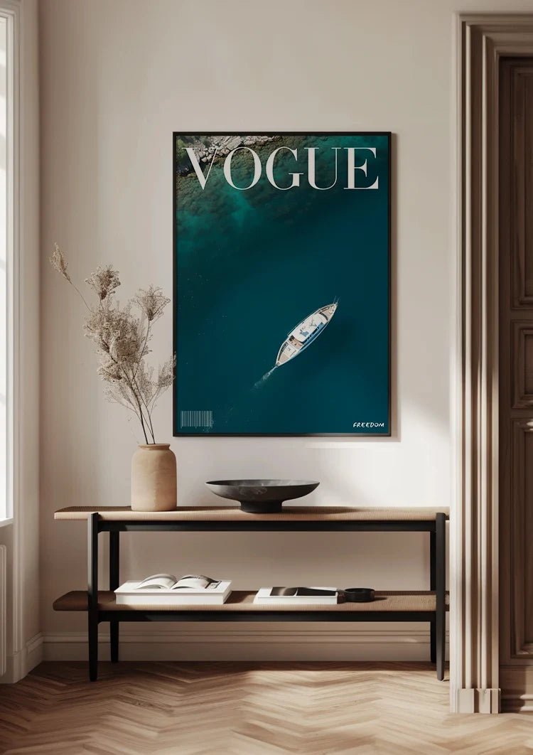 Vogue Cover White Sailboat Top View Turquoise Sea Summer Freedom Painting