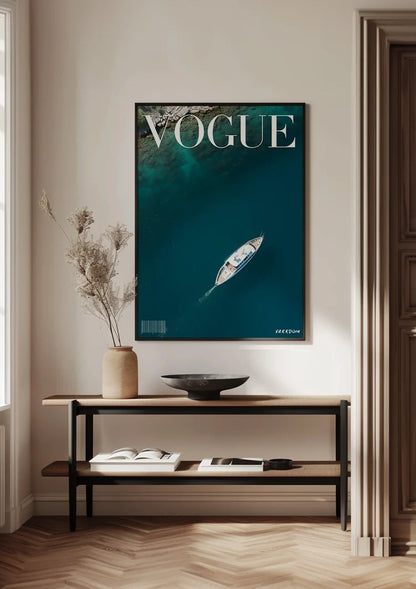 Vogue Cover White Sailboat Top View Turquoise Sea Summer Freedom Painting
