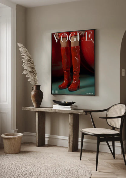 Rote glänzende Stiefel Vogue Cover-Stil Mode Rot Retro-Gemälde