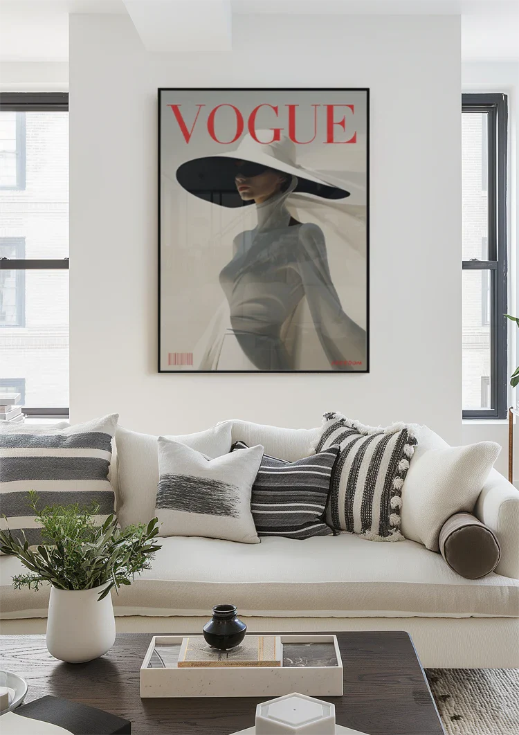 Elegante Frau Graues Kleid Breiter Hut Vogue Mode Cover Gemälde