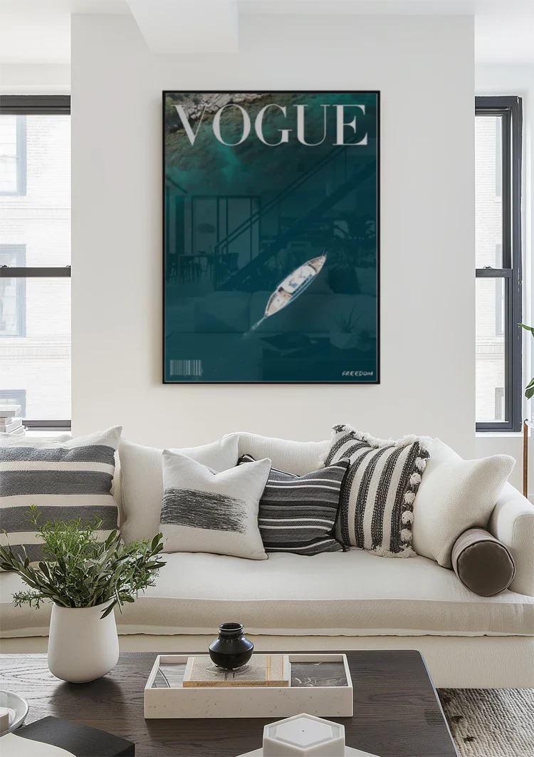 Vogue Cover White Sailboat Top View Turquoise Sea Summer Freedom Painting