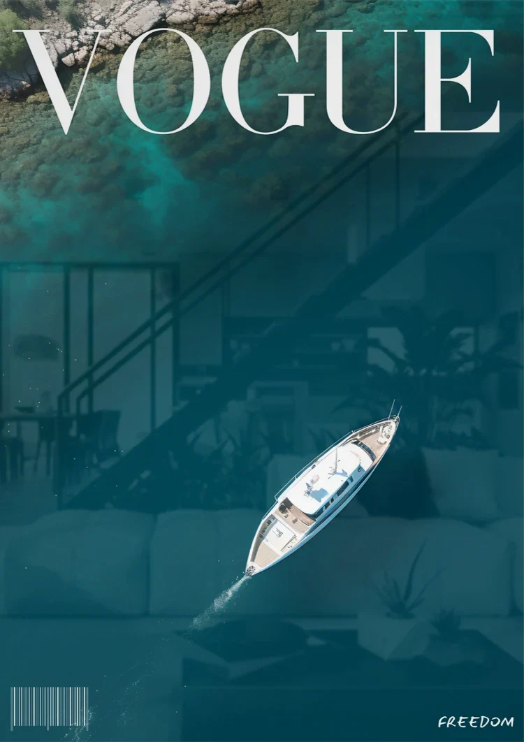 Vogue Cover White Sailboat Top View Turquoise Sea Summer Freedom Painting