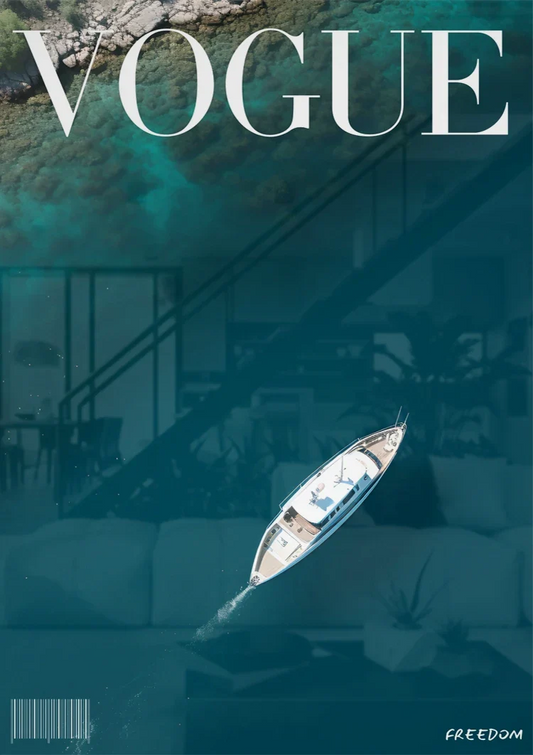 Vogue Cover Wit Zeilboot Bovenaanzicht Turquoise Zee Zomer Vrijheid Canvas Schilderij