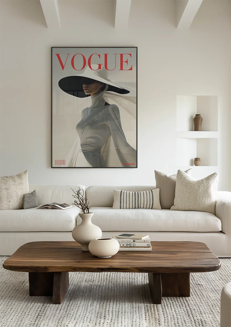Vogue Cover Elegante Frau Graues Kleid Schwarzer Hut Minimalistische Mode Gemälde