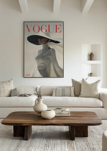 Vogue Cover Elegante Frau Graues Kleid Schwarzer Hut Minimalistische Mode Gemälde
