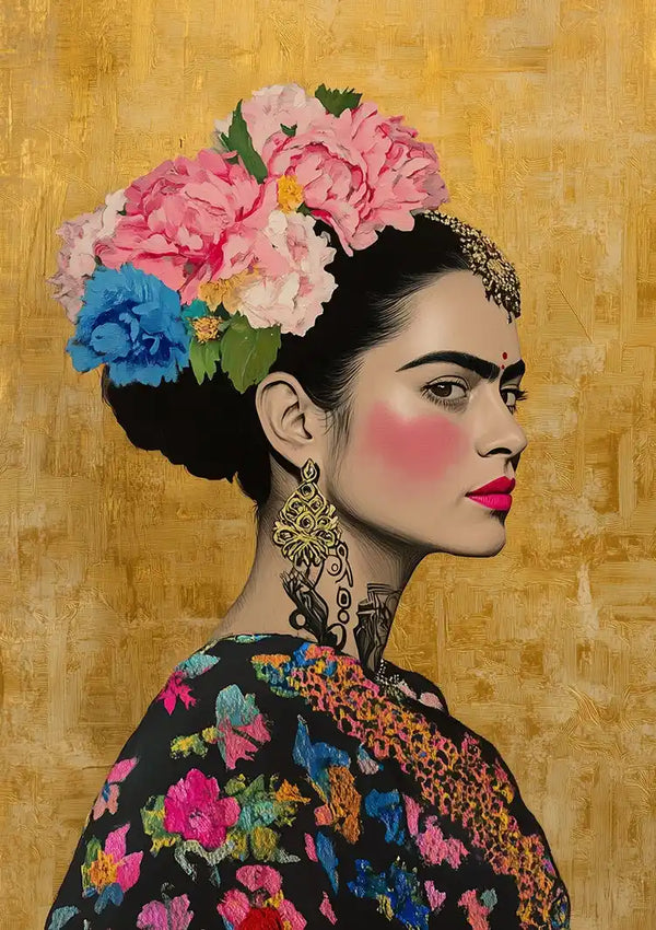 Woman Portrait Side Profile With Colorful Flowers Golden Background Painting