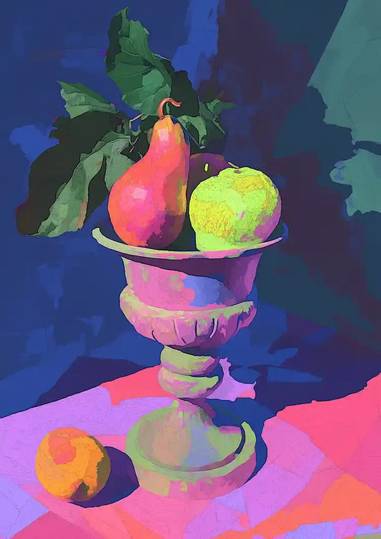 Fruitstilleven canvas schilderij in felle neon kleuren, met een peer en appel in een klassieke vaas