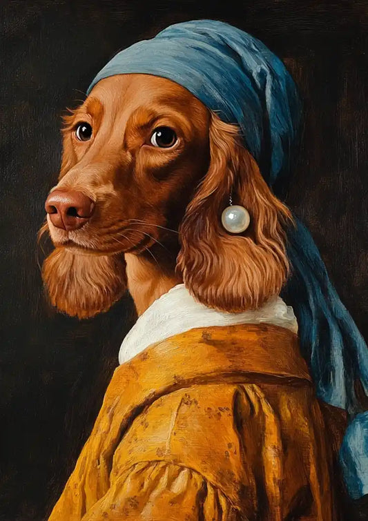 Hond met een parel canvas schilderij in blauw en goud, in de stijl van Vermeer, een grappig portret