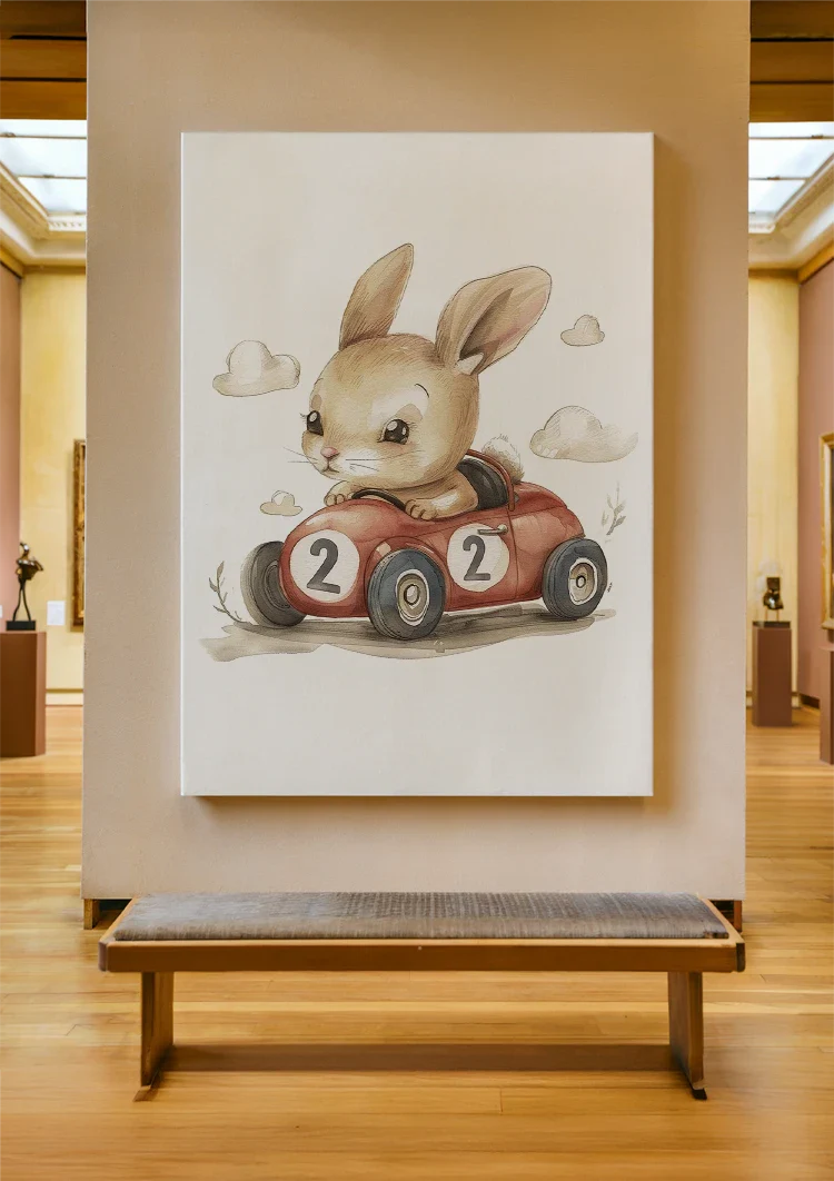Cute Bunny in Red Race Car Nursery Illustration Painting