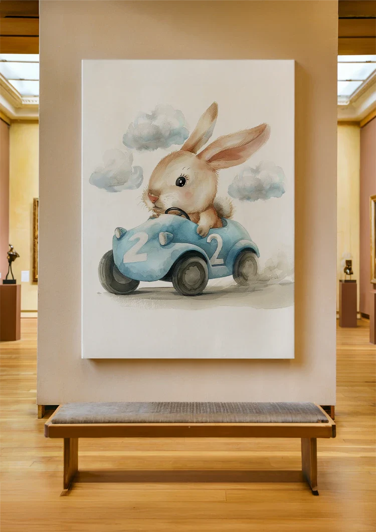 Cute Bunny in Blue Race Car Nursery Illustration Painting
