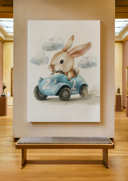 Cute Bunny in Blue Race Car Nursery Illustration Painting