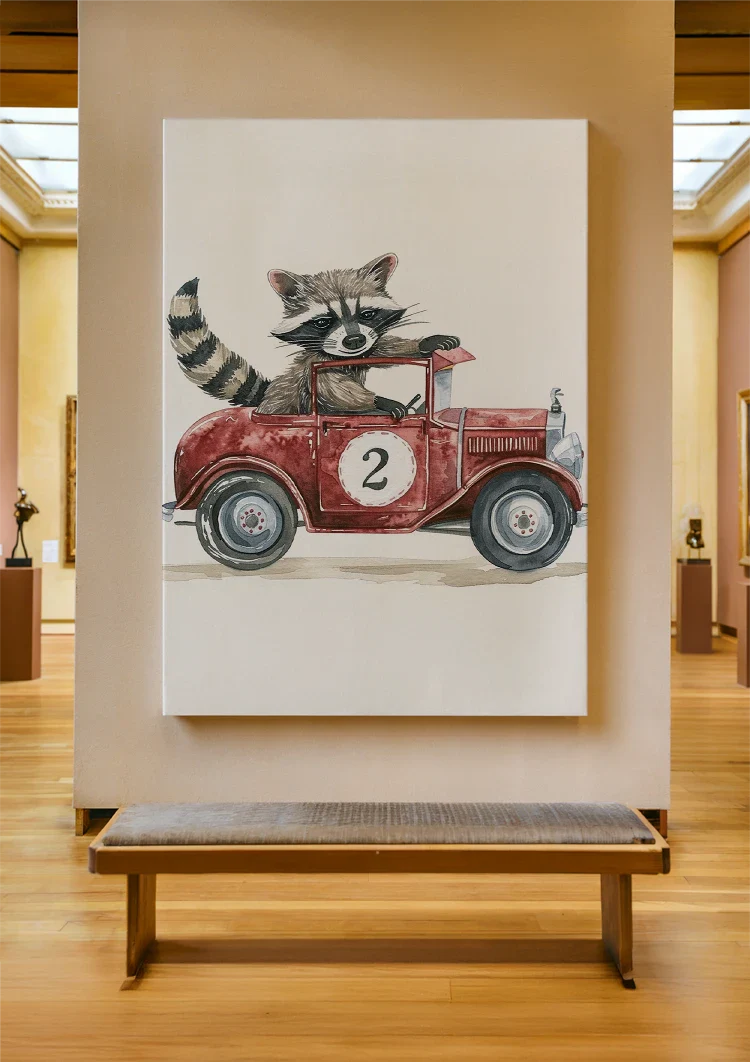 Niedliches Waschbär Rotes Vintage-Rennwagen Kinderzimmer Wandbild