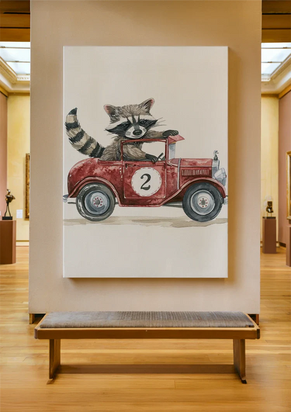 Niedliches Waschbär Rotes Vintage-Rennwagen Kinderzimmer Wandbild
