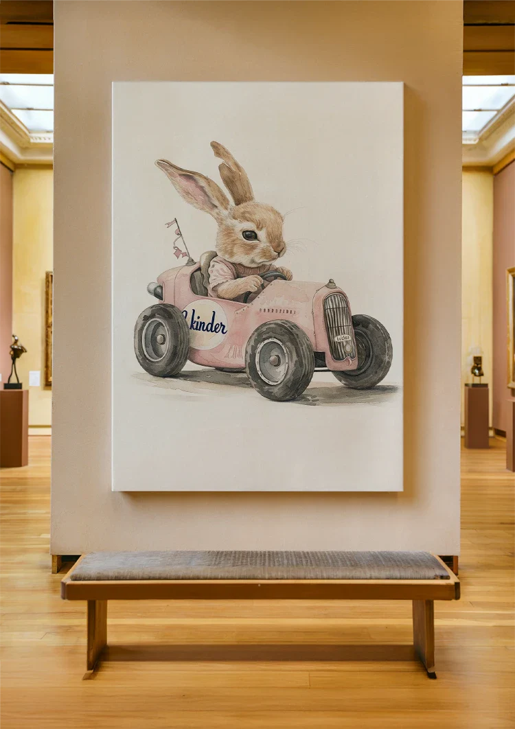 Cute Rabbit Pink Vintage Car Nursery Painting