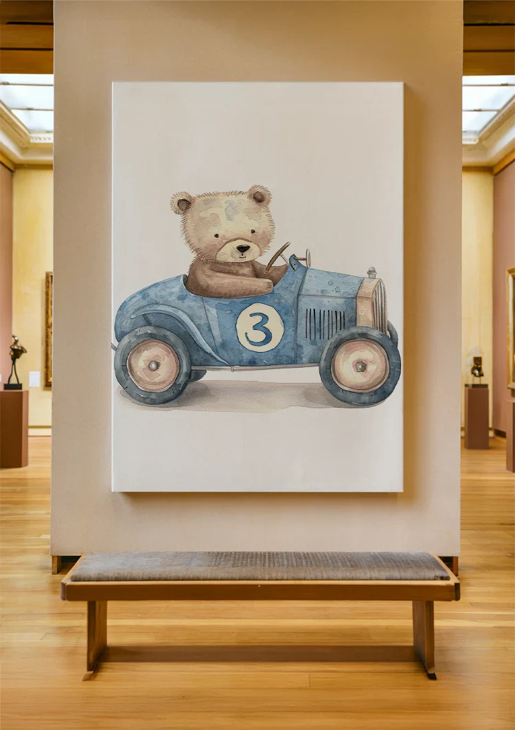 Teddybär Blaues Rennauto Kinderzimmer Aquarellmalerei