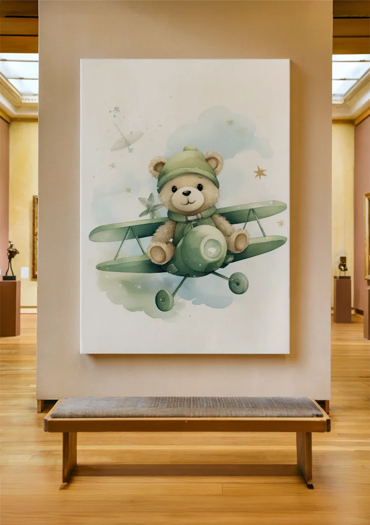 Teddy Bear Green Airplane Pilot Watercolor Nursery Painting