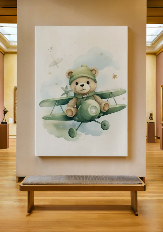 Teddybeer in het vliegtuig canvas schilderij aan de muur in de hal