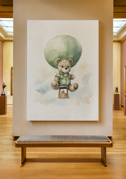Teddybär Grüner Heißluftballon Wolken Kinderzimmer Aquarell Gemälde