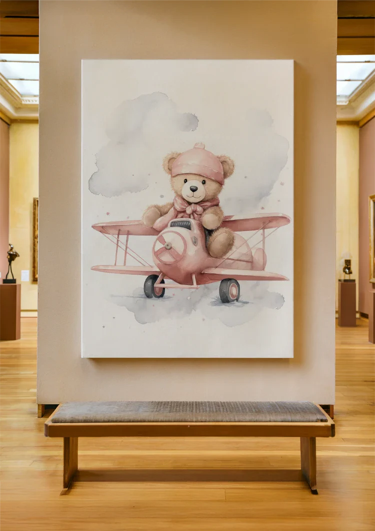 Teddybär Rosa Flugzeug Wolken Kinderzimmer Aquarell Malerei