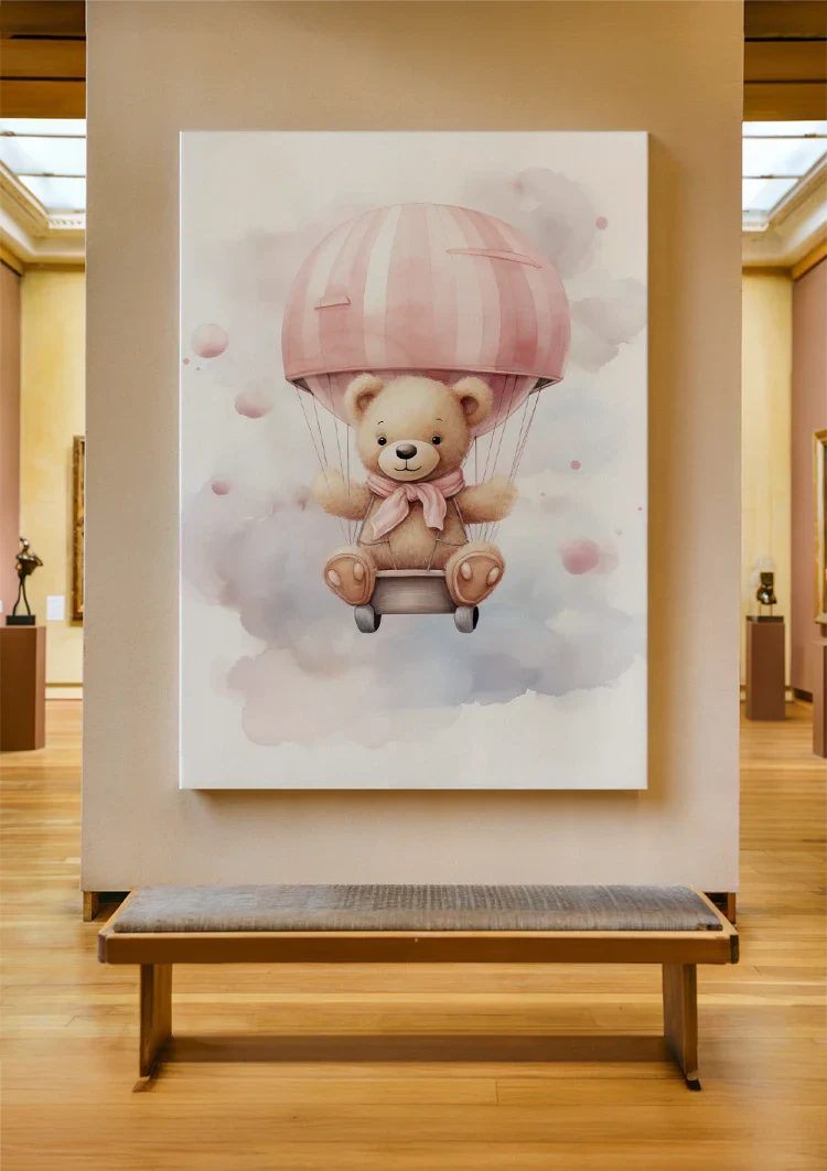 Niedlicher Teddybär Rosa Heißluftballon Wolken Verträumtes Kinderzimmer Gemälde