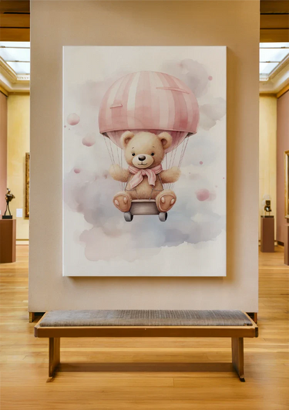 Niedlicher Teddybär Rosa Heißluftballon Wolken Verträumtes Kinderzimmer Gemälde