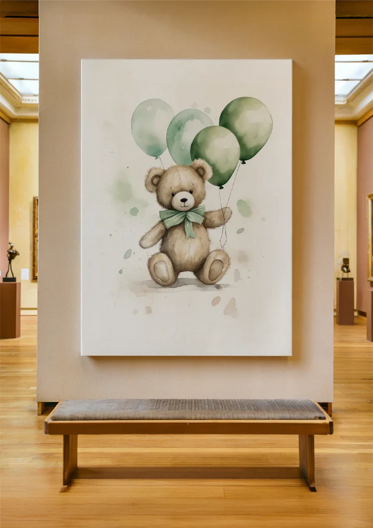 Niedlicher Teddybär Brauner Pelz Grüne Ballons Schleife Kinderzimmer Gemälde