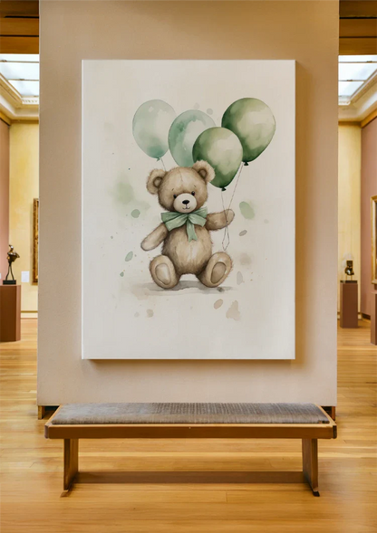 Niedlicher Teddybär Brauner Pelz Grüne Ballons Schleife Kinderzimmer Gemälde