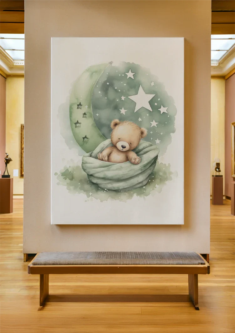 Schlafender Teddybär Grüne Mond Sterne Decke Verträumtes Kinderzimmer Gemälde