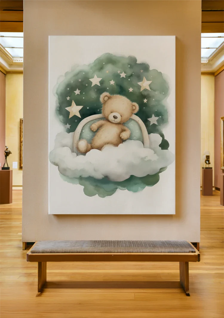 Schlafender Teddybär Wolke Sterne Aquarell Verträumtes Kinderzimmergemälde