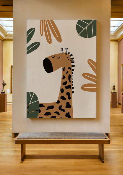 Niedliche Giraffe Geschlossene Augen Tropische Blätter Erdtöne Kinderzimmer Bild