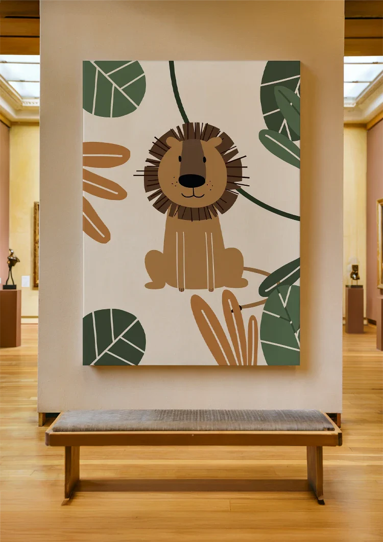 Niedliche Löwen-Illustration Tropische Blätter Dschungel Kinderzimmer-Gemälde