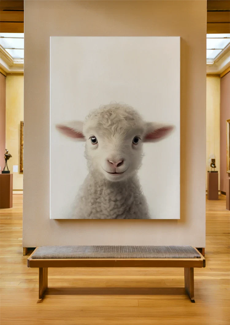 Niedliches Lamm Lockige Wolle Rosa Ohren Weiß Porträt Minimalistisches Gemälde
