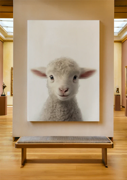 Niedliches Lamm Lockige Wolle Rosa Ohren Weiß Porträt Minimalistisches Gemälde