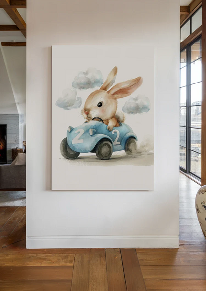 Cute Bunny in Blue Race Car Nursery Illustration Painting
