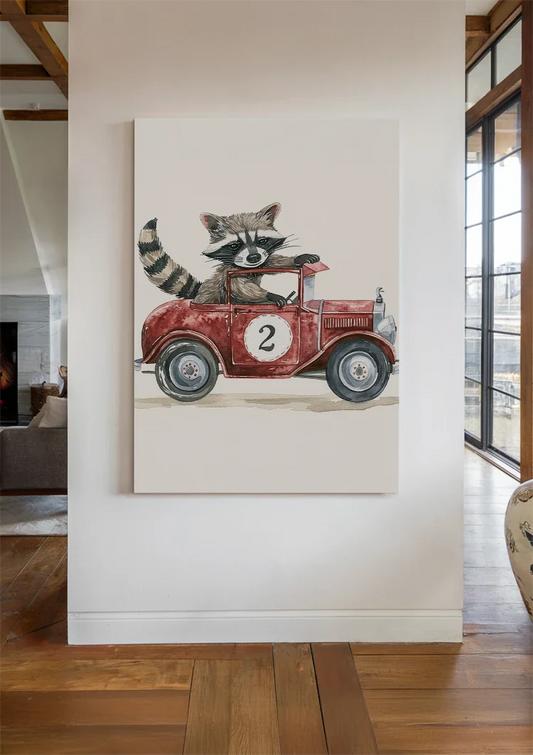 Waschbär in einem roten Rennwagen Leinwandbild an der Wand im Flur