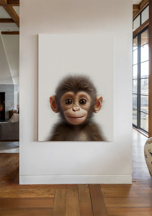 Aapje met grote ogen canvas schilderij aan de muur boven het bed in de slaapkamer