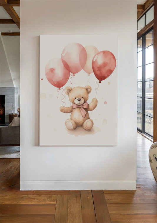 Teddybeer met ballonnen canvas schilderij aan de muur in de hal