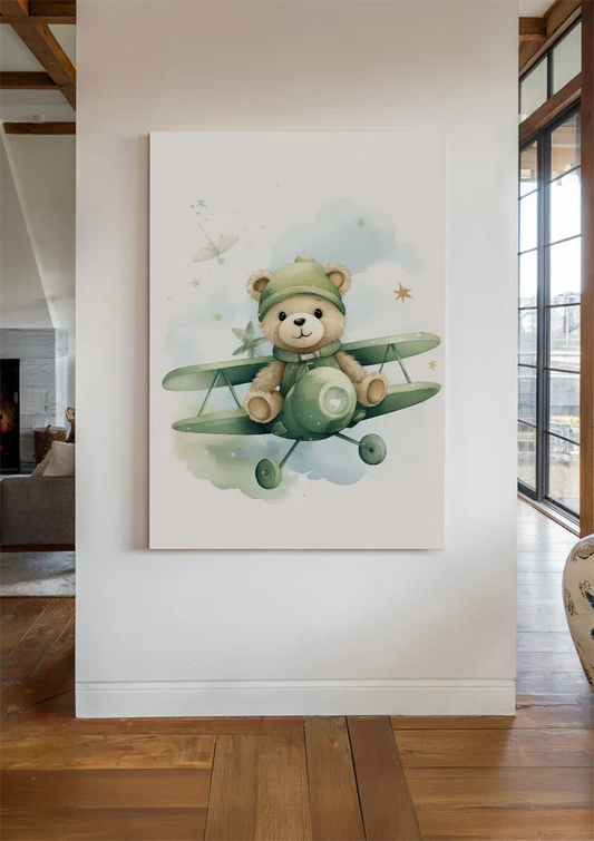 Teddybeer in het vliegtuig canvas schilderij aan de muur boven het bed in de slaapkamer