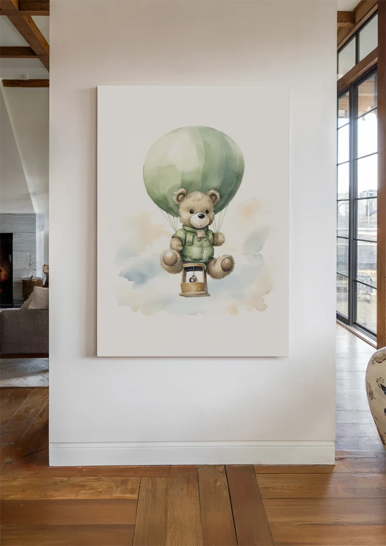 Teddybär Grüner Heißluftballon Aquarell Kinderzimmer Gemälde