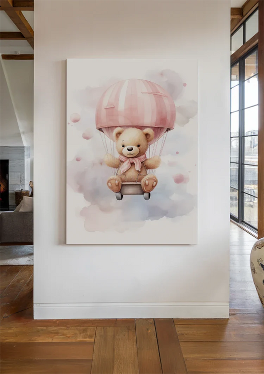 Teddybeer met luchtballon canvas schilderij aan de muur bij de voordeur in de hal